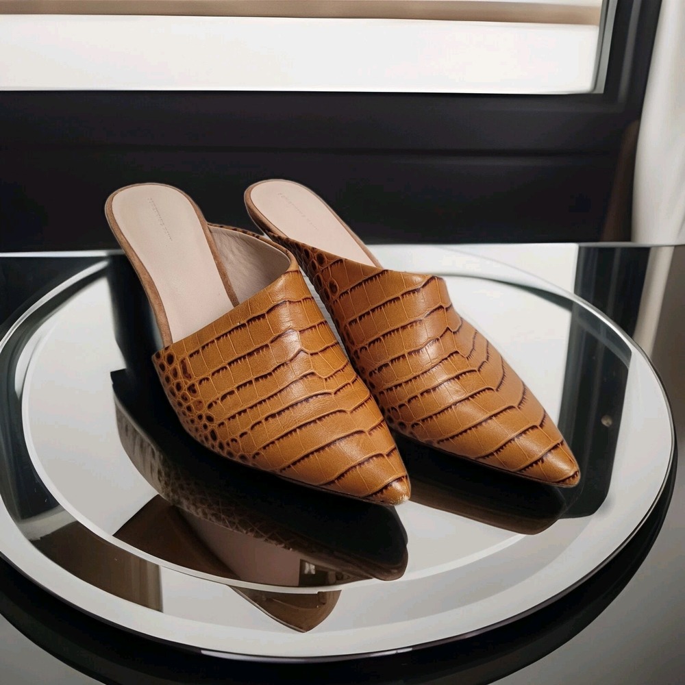 Something Navy Anna Dress Shoe Mule Heel Women's 8.5 Leather Tan Embossed Croc